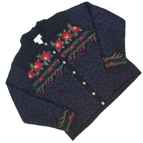 𝅺Talbots Holiday Lambswool Blend Holiday Cardigan Sweater Navy. Sz. MP - Picture 1 of 7